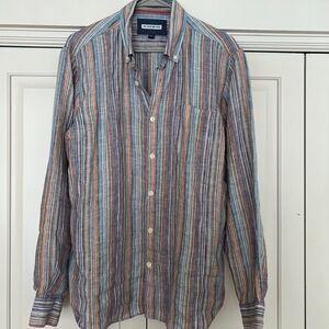 Casual Blue and Red Button Down Shirt with Vertical Stripes
